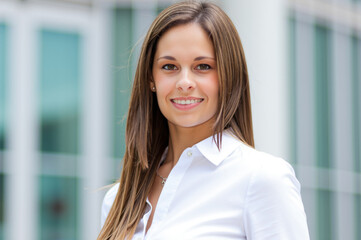 Smiling businesswoman standing in front of modern office building