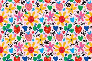 seamless repeating pattern witn flowers, hearts, strawberries. vector illustration