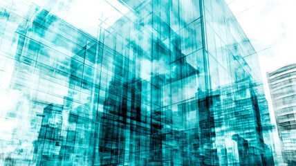 Modern glass buildings in blue tones. Layered effect with motion blur. Futuristic urban landscape and technology concept