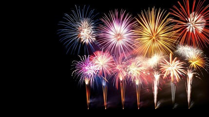 Vibrant fireworks display against dark night sky symbolizing new beginnings, dynamic burst of light captured with wide-angle lens, ample copy space for text or design elements.