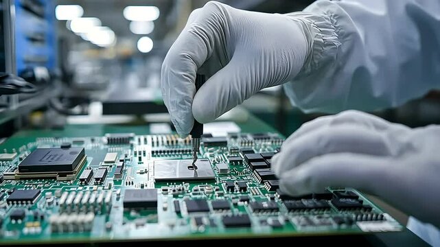 A technician in gloves is using a tool to work on a circuit board in a cleanroom environment, focusing on electronic components and assembly.