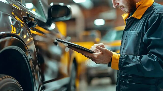 A technician in a workshop uses a tablet while inspecting a car, showcasing the integration of technology in the automotive industry.