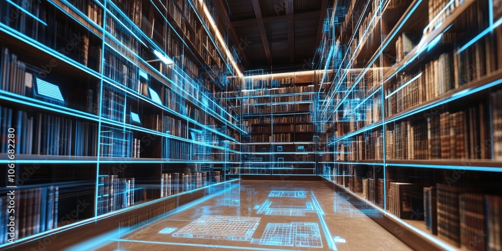 Leinwandbilder An advanced digital library interface with holographic bookshelves, where users access information via augmented reality.
