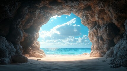 A large rock cave with a blue sky and ocean in the background