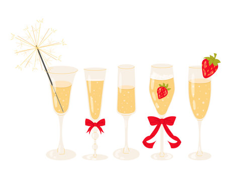 Set of different champagne glasses. Ripe strawberries. Festive drink, toast. Bengal fire. Flat vector illustration on white background.