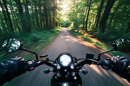 First-person view of riding a motorcycle through a forest trail