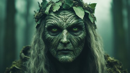 Enigmatic portrait of a female forest spirit with textured, leaf-like skin and closed eyes, blending nature and mystery in a serene ambiance.