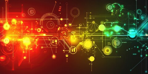 Obraz premium An abstract background features bright lines and nodes linking business icons, representing the core principles of online communication and marketing.