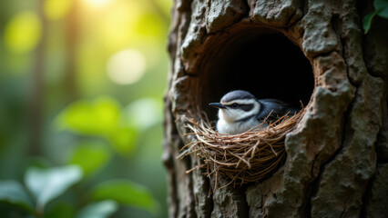 Obraz premium Baby bird peeking out of nest in tree trunk.