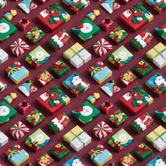 seamless pattern, Colorful gift box pattern design with ribbons and Christmas decorations on festive background