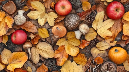 Pile of autumn leaves and apples on the ground, perfect for fall themed illustrations or designs