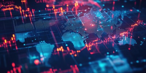 Obraz premium A digital finance world map with live cryptocurrency exchange rates, represented by glowing nodes connecting major financial hubs.