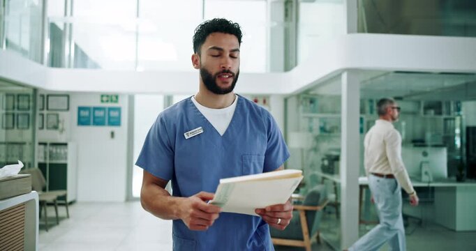 Man walking, doctor and paperwork for surgery plan in hospital, medical records and reading results. Male person, check diagnosis and documents for treatment idea, healthcare and clinic internship