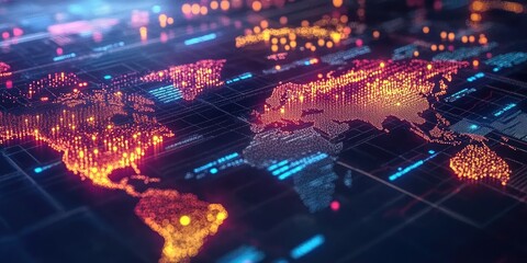 Fototapeta premium A digital finance world map with live cryptocurrency exchange rates, represented by glowing nodes connecting major financial hubs.