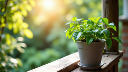 Sunlit potted plant on a wooden windowsill.