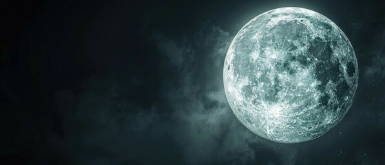 Luminous full moon in dark night sky with dramatic clouds wallpaper, banner