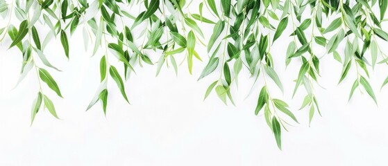 Naklejka premium Lush greenery leaves hanging against bright background wallpaper, banner
