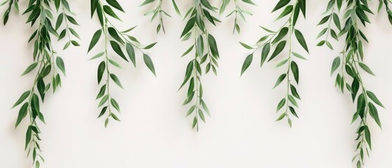 Fototapeta premium Elegant greenery on minimalist background: fresh leaves artfully arranged wallpaper, banner
