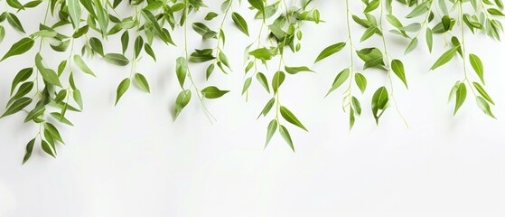 Obraz premium Lush green eucalyptus branches on minimalist white background wallpaper, banner