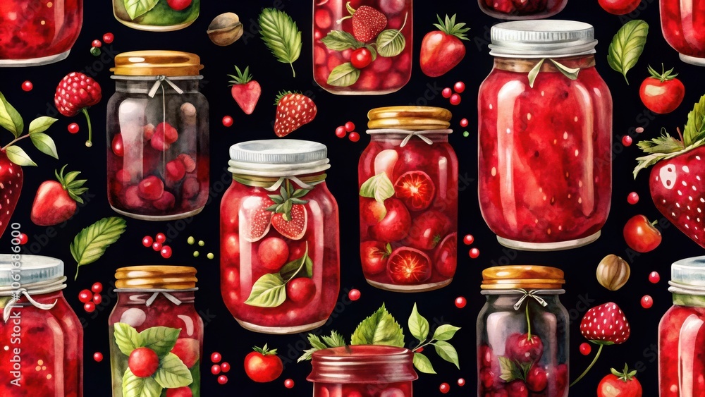 Poster a watercolor pattern featuring jars filled with red fruit preserves, surrounded by fresh berries and