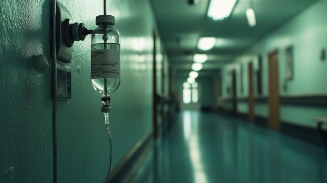 A hospital hallway with an IVG (intravenous infusion device) attached to the wall, ready for medical use