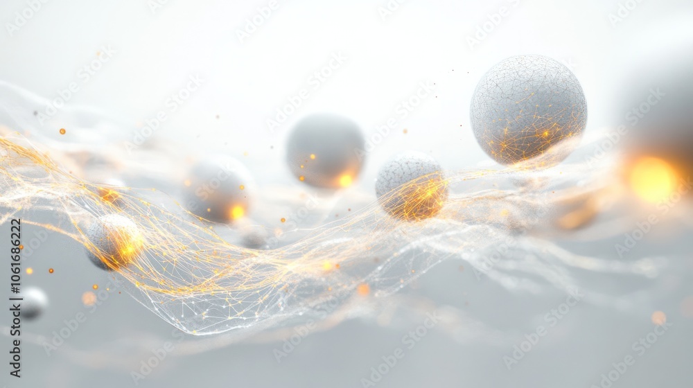 Poster a surreal quantum waterfall concept with digital elements and glowing orbs flowing in cascading laye