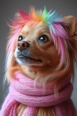 Naklejka premium Dog with rainbow mohawk and long fur, posing against light purple backdrop