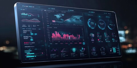 Obraz premium A futuristic, holographic dashboard displaying live e-commerce sales, customer feedback analytics, and inventory management, all in a sleek interface.