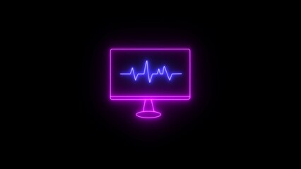 Medical cross icon inside ECG monitor. Neon heartbeat inside laptop icon.