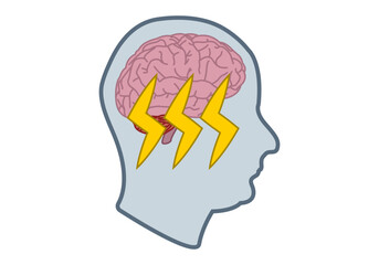 Cabeza con cerebro y rayos de tormenta representando mente atormentada 