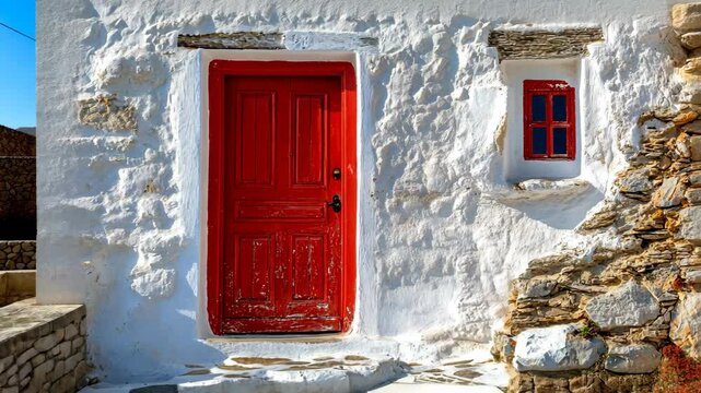 A bright red door on a whitewashed building stands out in the Greek countryside