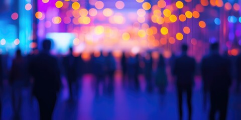 A corporate event with blurred attendees, illuminated by vibrant lighting in an abstract, dynamic setting.