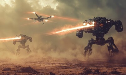 Two robotic vehicles fighting in a dusty desert.