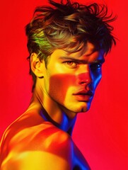 Radiant Male Portrait:  A striking close-up portrait of a young man, bathed in vibrant, multicolored light against a bold red background.  The image exudes energy and modern artistry. 