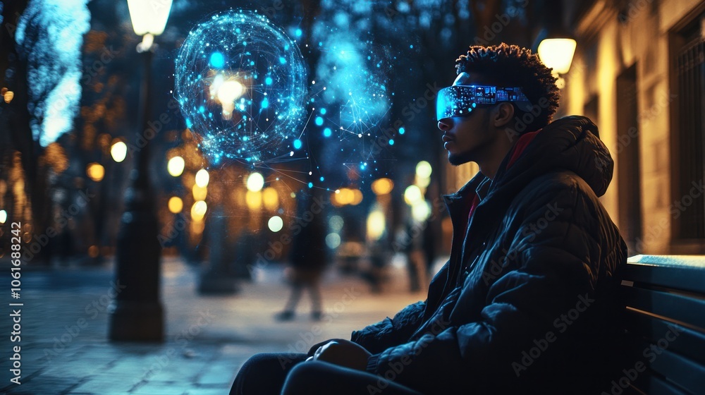 Poster a young man sits at a sleek desk illuminated by the glow of a computer screen, surrounded by futuris