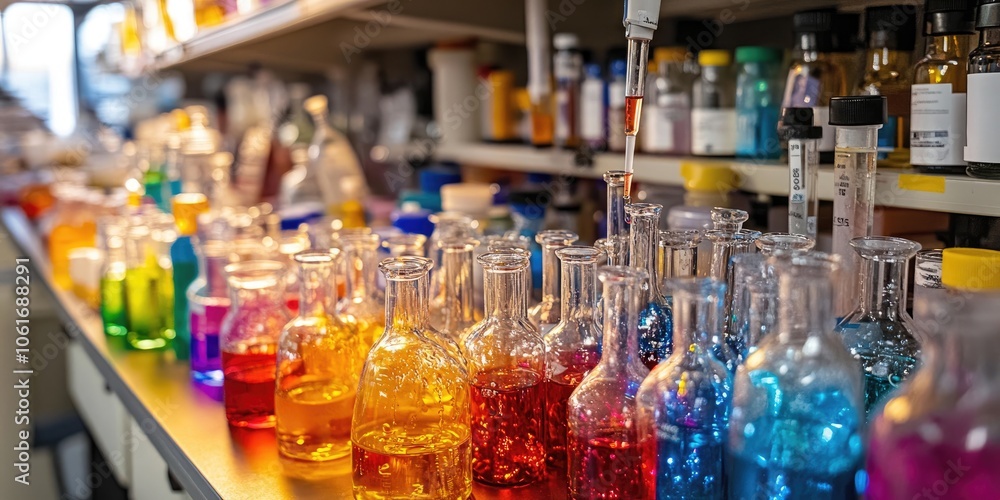 Poster a lab bench filled with glassware and colorful reagents, with a close-up of a dropper in use.