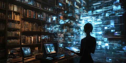 Obraz premium A high-resolution digital library with holographic bookshelves where users access information via augmented reality.