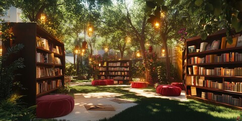 A lively music festival-themed virtual library showcasing musical literature, interactive performances, and spaces for collaboration among aspiring musicians and authors.