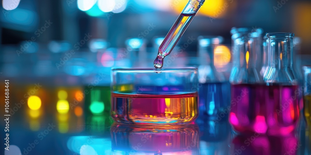 Poster a lab bench filled with glassware and colorful reagents, with a close-up of a dropper in use.