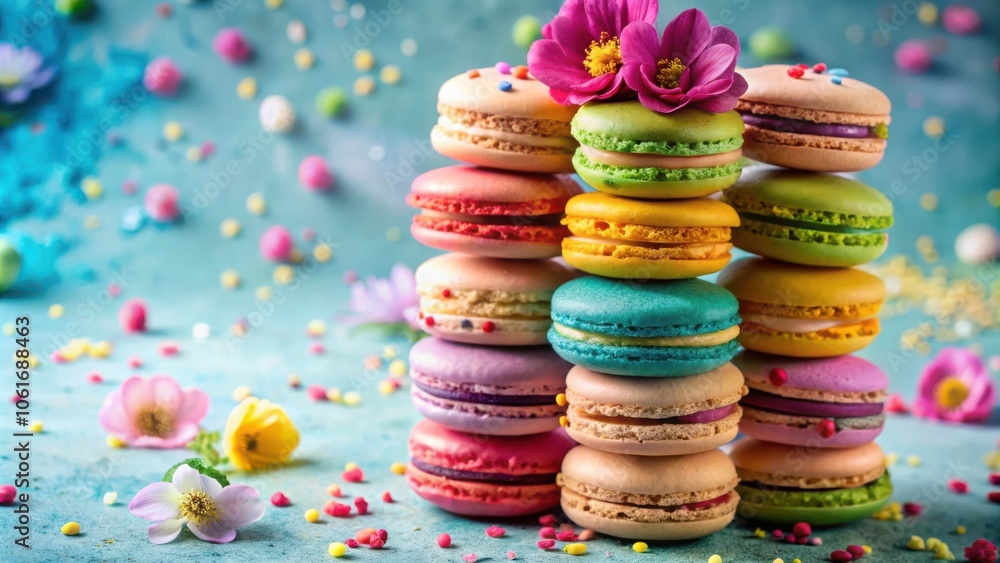 Poster a vibrant stack of colorful macarons adorned with a delicate flower, resting on a blue background sp