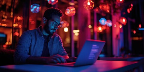 Obraz premium A tech entrepreneur coding on a laptop in a high-tech startup space, surrounded by cutting-edge technology and innovation.