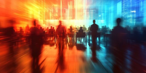 Obraz premium A seminar room concept with diverse attendees, captured with blurred figures and vibrant lighting that creates an abstract corporate atmosphere.
