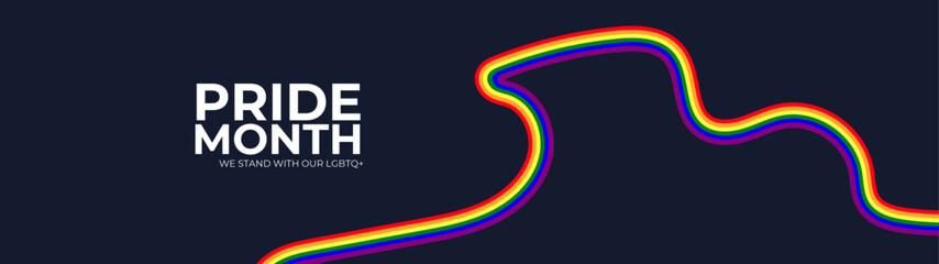 Celebrating pride month - long rainbow pride flag roll made to heart shape on black background. Lesbian Gay Bisexual Transgender. Celebrated annual. LGBT flag. Vector illustration