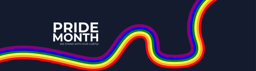 Celebrating pride month - long rainbow pride flag roll made to heart shape on black background. Lesbian Gay Bisexual Transgender. Celebrated annual. LGBT flag. Vector illustration