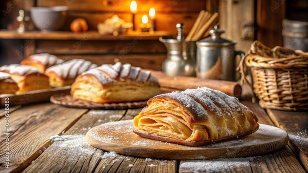 Poster sweet and flaky pastry on a rustic wooden table with a light dusting of powdered sugar