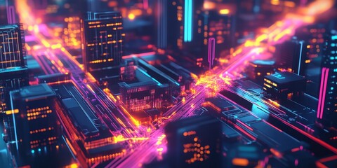Obraz premium A vibrant digital skyline features glowing pathways connecting smart buildings and devices, representing the future of urban connectivity and IoT integration.