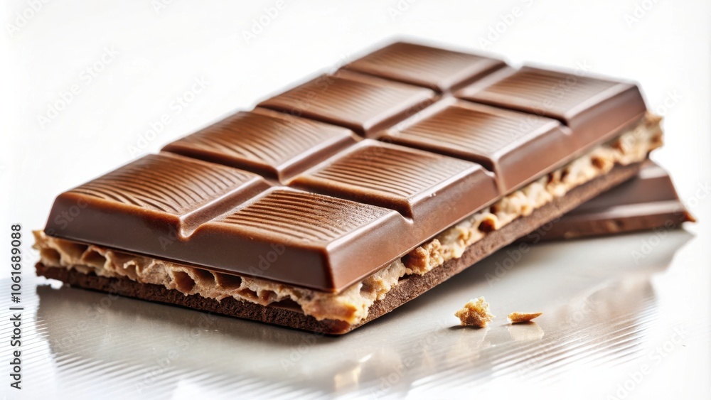 Poster a close-up of a broken chocolate bar with a crispy wafer layer, showing the rich brown color and del