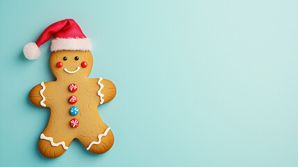 A playful gingerbread man with candy buttons and a Santa hat, positioned on one side against a solid pastel background.
