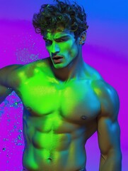 Neon Glow: A captivating portrait of a muscular man bathed in vibrant neon light, his chiseled physique and intense gaze captivating the viewer. His skin glistens with a mesmerizing green hue.