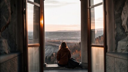 Person Sitting in Window Frame Overlooking Valley
